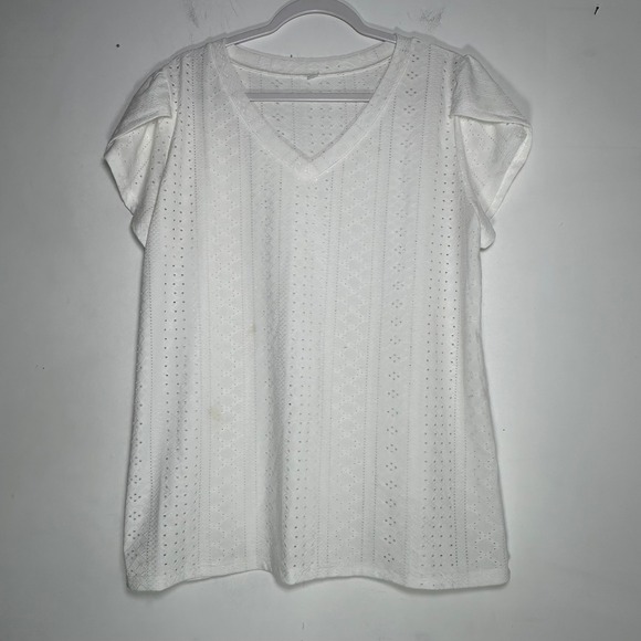 Tops - Womens White Eyelet Lace V-Neck Petal‎ Sleeve Blouse Top XL A117